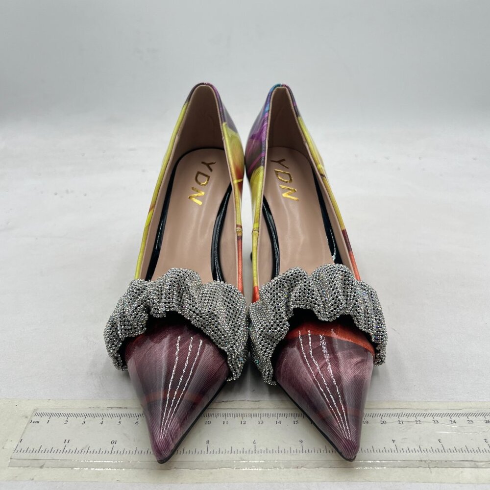 Ydn Colorful Feather Print Pointed Toe Slip On Pu… - image 3